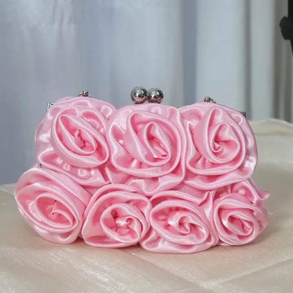 Elegant Pink Satin Roses Party Purse Handbag w/Rhinestone Handle & Chain